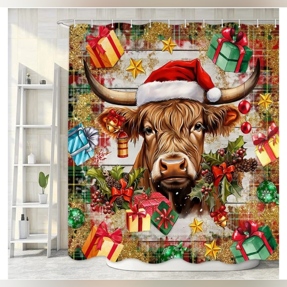 Highland Cow Shower Curtain Christmas Gifts Santa Plaid Holiday Star w/Hooks NEW
